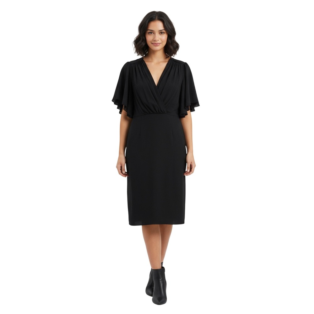 Elie Tahari Tahara Black‎ Flutter Sleeve Sheath Dress V-Neck Career Cocktail 12